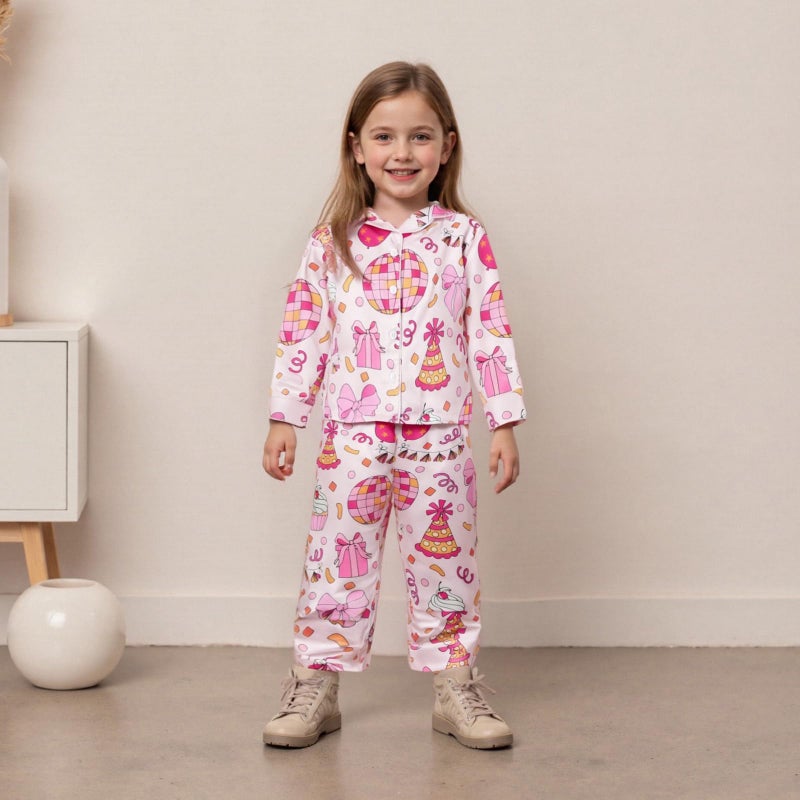 Kuriozud Toddler Kids Little Girls Birthday Satin Silk Pajamas Long Sleeve Button Down Sleepwear Fall Pjs Set Nightgown 1-9 Y (Pink, 2-3 Years) - Image 3