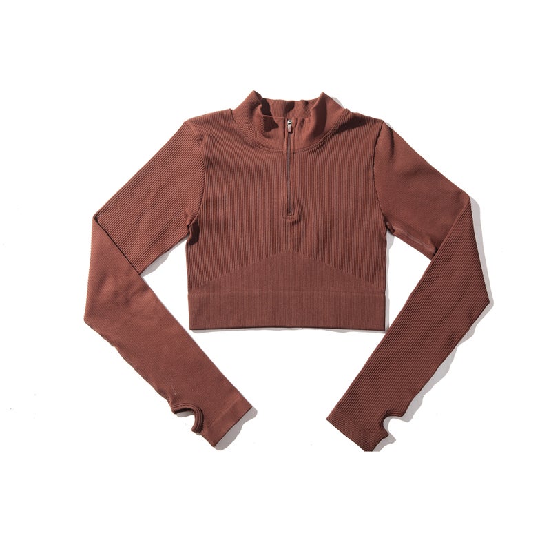Generic Seamless Yoga Suit Fitness Set Womens Sports Brown-Long Sleeve 