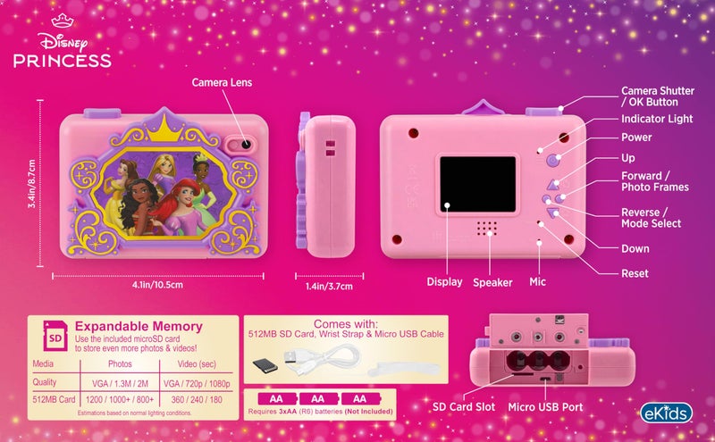 eKids Disney Princess Kids Camera with SD Card, Digital Camera for Kids with Video Recording and Built-in Digital Stickers (Disney Princess) - Image 2