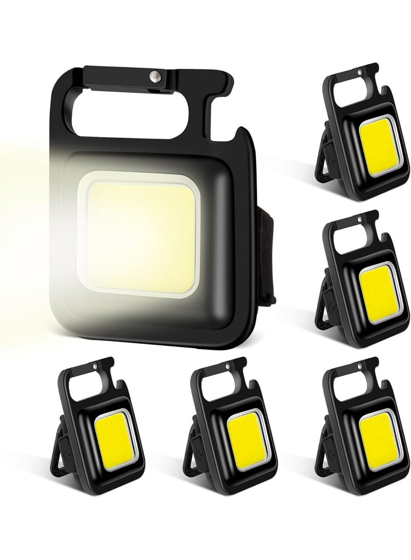 6 Pack COB Rechargeable Mini Flashlights – 500 Lumens Keychain LED Torch – Magnetic Work Light with Folding Stand & Bottle Opener – 4 Light Modes Pocket Flashlight - Image 1