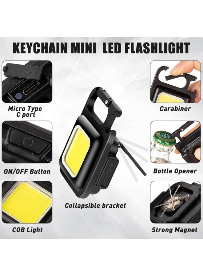 6 Pack COB Rechargeable Mini Flashlights – 500 Lumens Keychain LED Torch – Magnetic Work Light with Folding Stand & Bottle Opener – 4 Light Modes Pocket Flashlight - Image 2
