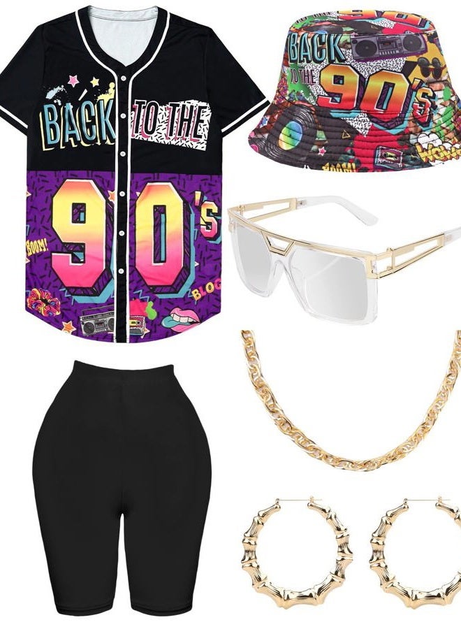 WILDPARTY 80s 90s Outfit for Women, Unisex Hip Hop Costume Baseball Jersey Shirt Yoga Pants Bucket Hat Gold Chain Rapper Accessories - Image 1