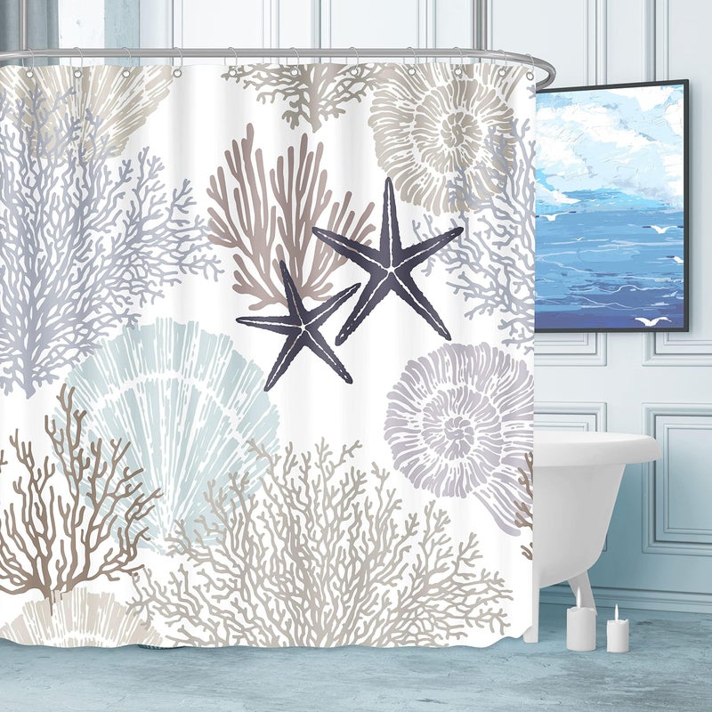 Tritard Extra Long Nautical Coastal Shower Curtain Starfish Seashell Coral Beach Themed Bath Curtain Waterproof Fabric Ocean Shower Curtains for Bathroom with 12 Hooks 72x78 Grey