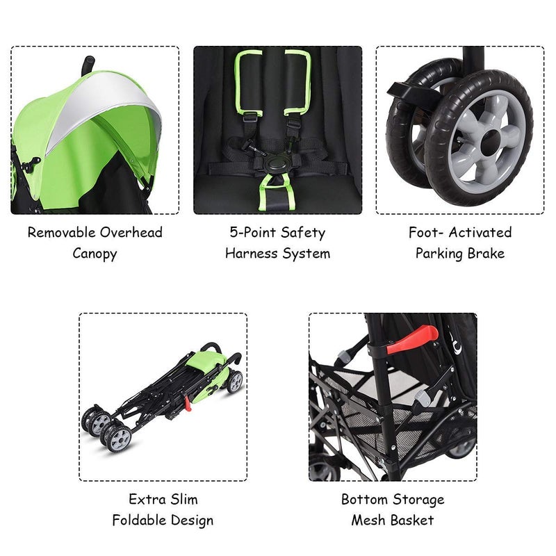 HONEY JOY Baby Lightweight Stroller, Compact Travel Stroller for Airplane, Adjustable Backrest & Canopy, 5-Point Harness, Cup Holder, Storage Basket, Foldable Umbrella Stroller for Toddlers (Green) - Image 4