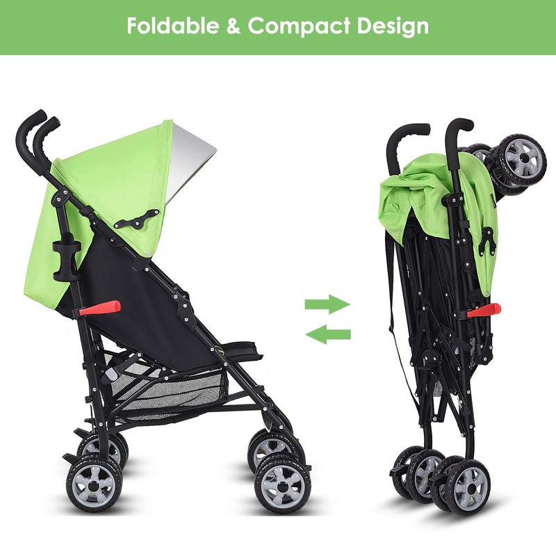 HONEY JOY Baby Lightweight Stroller, Compact Travel Stroller for Airplane, Adjustable Backrest & Canopy, 5-Point Harness, Cup Holder, Storage Basket, Foldable Umbrella Stroller for Toddlers (Green) - Image 3