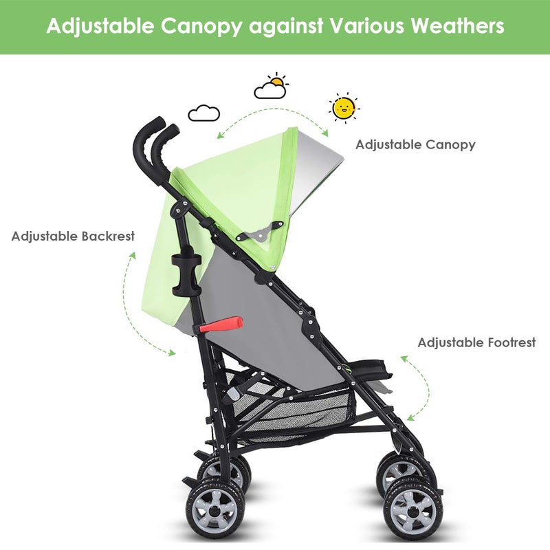 HONEY JOY Baby Lightweight Stroller, Compact Travel Stroller for Airplane, Adjustable Backrest & Canopy, 5-Point Harness, Cup Holder, Storage Basket, Foldable Umbrella Stroller for Toddlers (Green) - Image 5