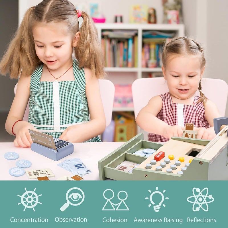 umu Wooden Cash Register Toy for Kids, 35-Piece Supermarket Playset with Calculator, Scanner & Play Money, Eid & Ramadan Gift for Ages 3+ - Image 2