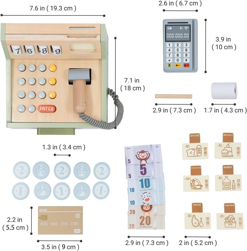 umu Wooden Cash Register Toy for Kids, 35-Piece Supermarket Playset with Calculator, Scanner & Play Money, Eid & Ramadan Gift for Ages 3+ - Image 3