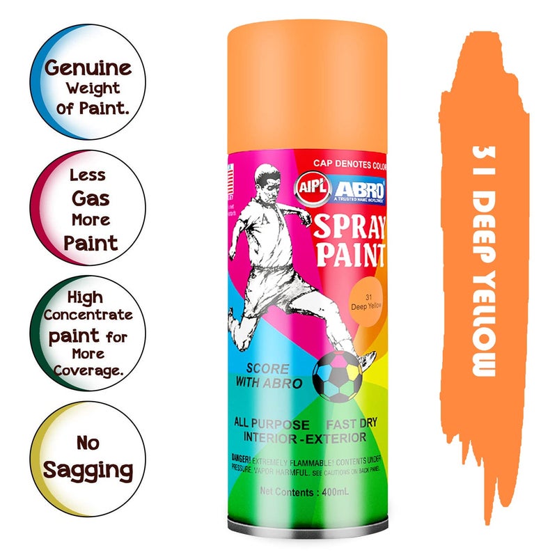 Abro SP-31 علبة طلاء رذاذ ملون متعددة الاستخدامات (400 مل، أصفر داكن) جاف سريع للتطبيقات على المعدن، الخشب، الجدران، السيارات والدراجات النارية - Image 3