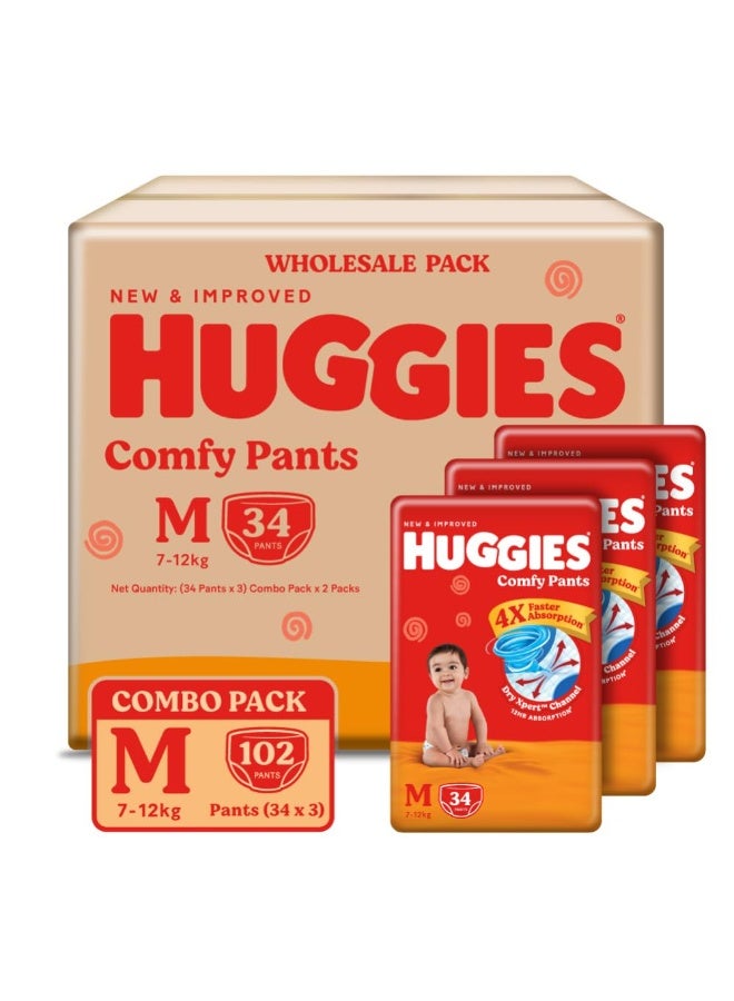 Huggies Comfy Pants Baby Diaper, Medium (M) Size (7-12 Kgs), Pack of 102 (34 Count, Pack of 3) - Image 1