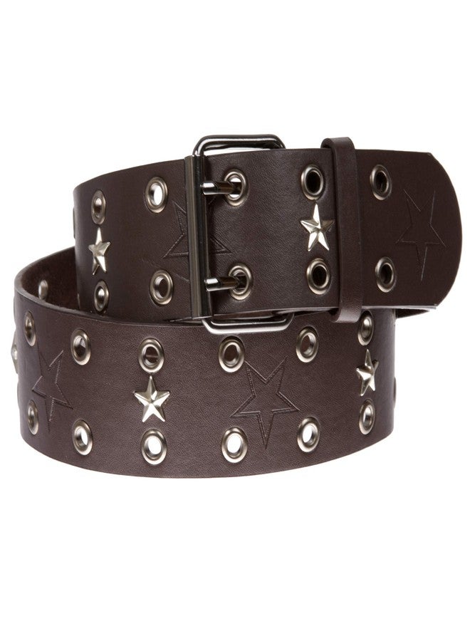 Beltiscool Double Prong Star Studs and Grommets Leather Belt, Brown | 30" - Image 2
