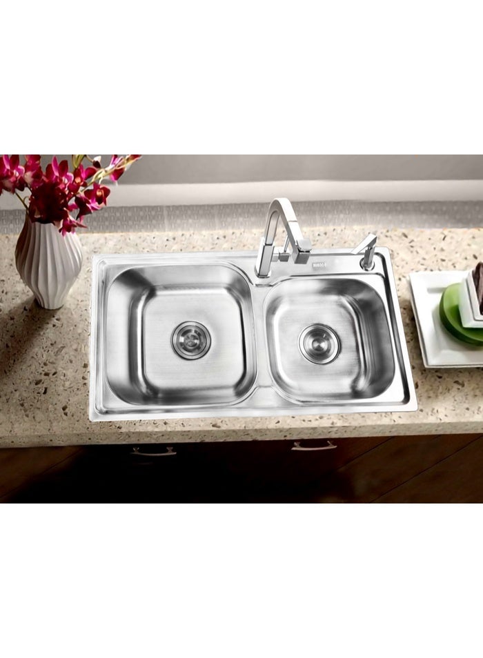 H A R Stainless Steel Sink Double Bowl  with Mixer Hole 75x40 cm - Image 4