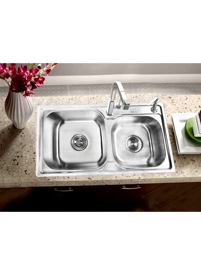 H A R Stainless Steel Sink Double Bowl  with Mixer Hole 75x40 cm - Image 1