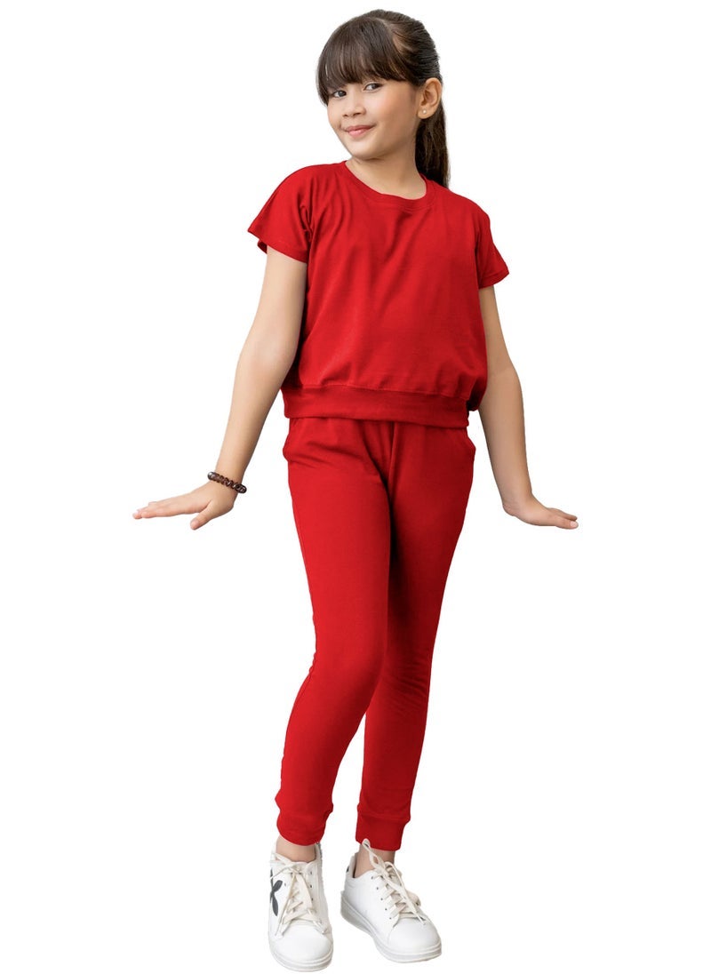 Selecta Now kids girls red t shirt top legging set soft stretchable cotton casual outfit comfortable stylish everyday wear co ord set - Image 1