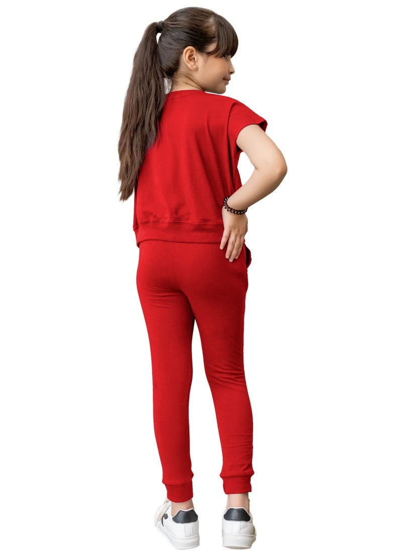 Selecta Now kids girls red t shirt top legging set soft stretchable cotton casual outfit comfortable stylish everyday wear co ord set - Image 4