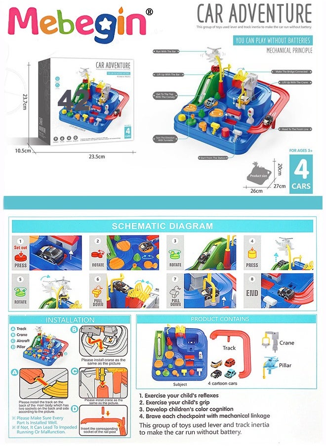 MEBEGIN - Kids Car Adventure Toy, Cars Race Track Toys with 4 Toy Cars, Race Track Vehicle Set, Fun Durable Adventure Vehicles Toy, Preschool Educational Interactive Toy, Easy to Install and Play, No Battery Required, Ideal Gift for Kids Aged 3+ - Image 1