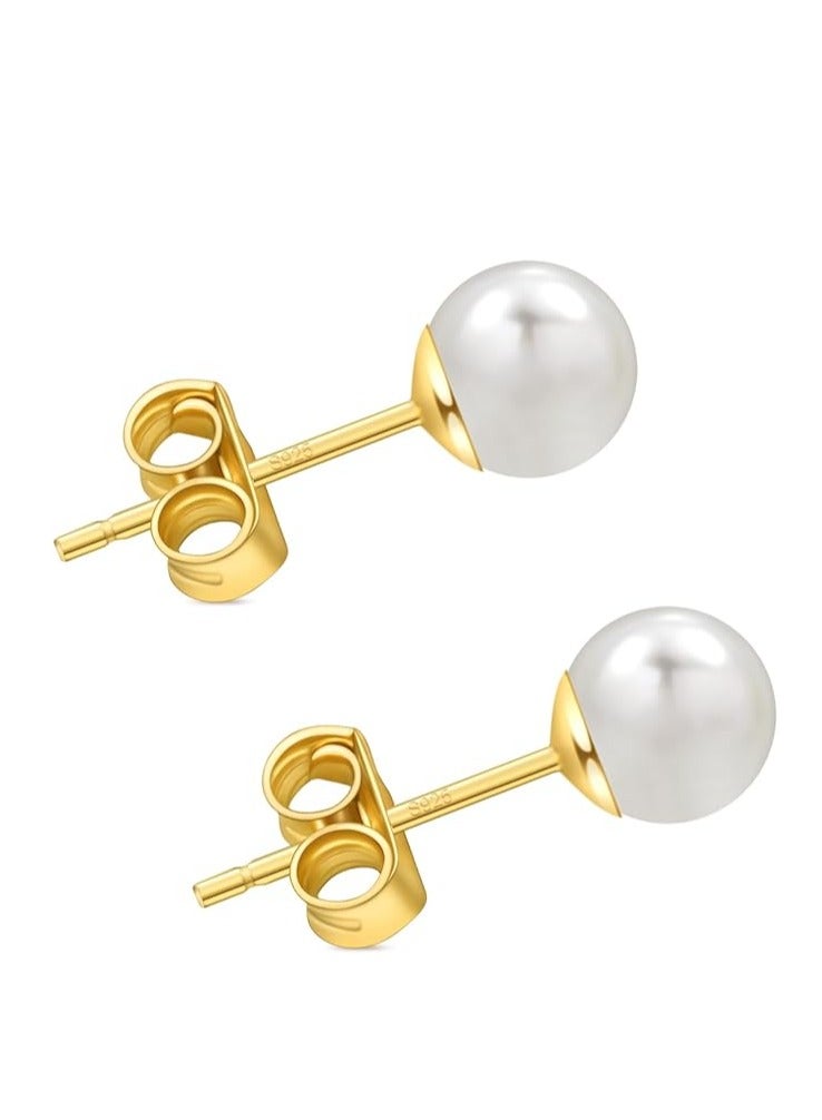 Hain 8MM Freshwater Pearl Stud Earrings for Women, Hypoallergenic 18K Gold Vermeil Earrings Studs with Genuine Round White Pearls - Image 1
