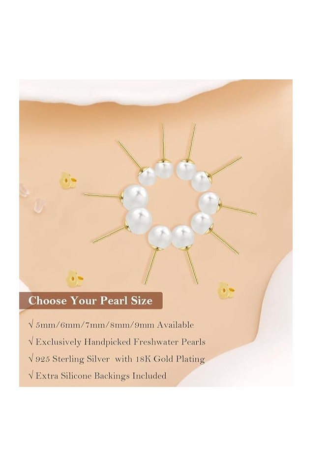 Hain 8MM Freshwater Pearl Stud Earrings for Women, Hypoallergenic 18K Gold Vermeil Earrings Studs with Genuine Round White Pearls - Image 3