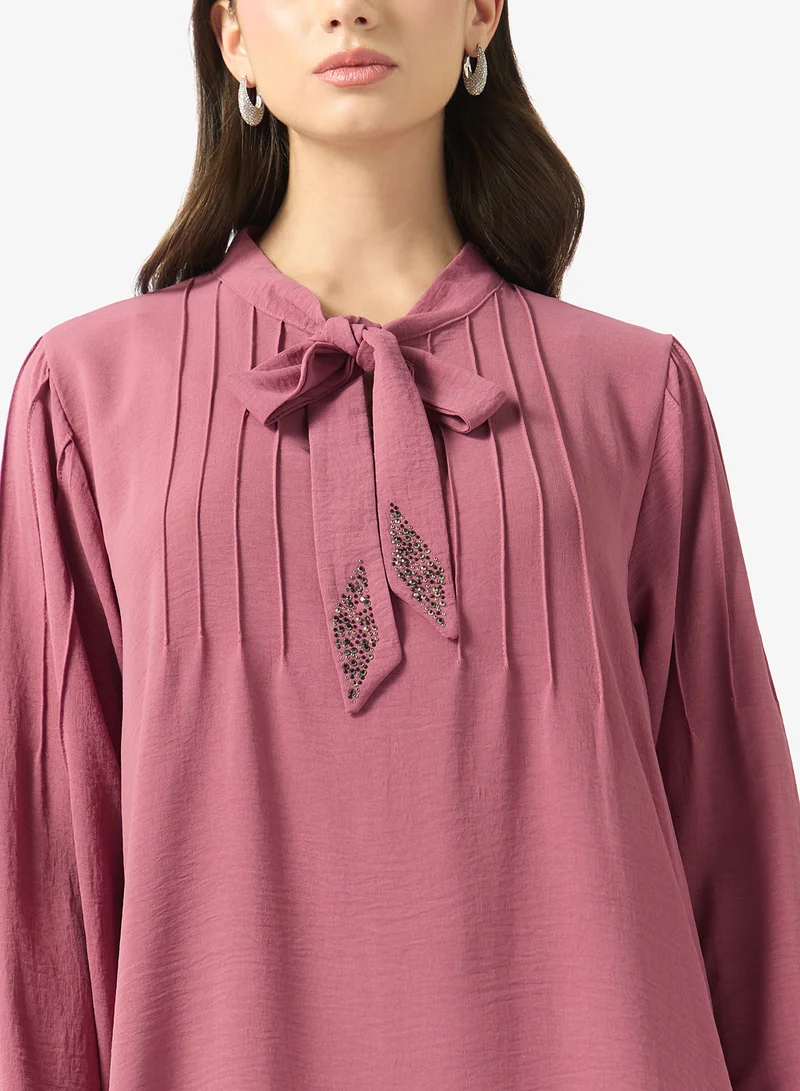 FYOR  Mauve Bow Neck Mini Dress for Women | Best Price UAE