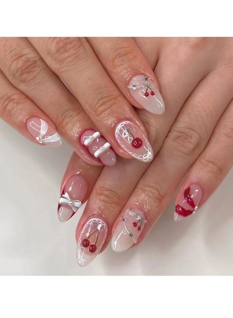 JOSQUEWNN Press on nails,24PCS, Elegance and Charm Unveiled: Diamond-Studded Pearl Bow Ribbon Wearable Nail Art, Cherry French Red Almond-Shaped Finished Product,Fake Acrylic Nails With Glue Kit. - Image 1
