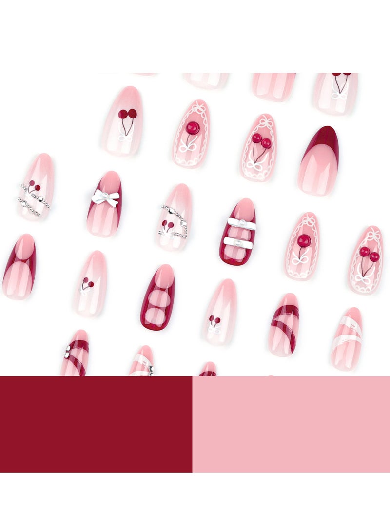 JOSQUEWNN Press on nails,24PCS, Elegance and Charm Unveiled: Diamond-Studded Pearl Bow Ribbon Wearable Nail Art, Cherry French Red Almond-Shaped Finished Product,Fake Acrylic Nails With Glue Kit. - Image 2