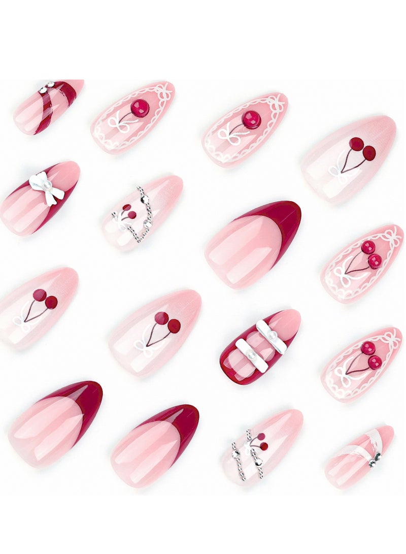JOSQUEWNN Press on nails,24PCS, Elegance and Charm Unveiled: Diamond-Studded Pearl Bow Ribbon Wearable Nail Art, Cherry French Red Almond-Shaped Finished Product,Fake Acrylic Nails With Glue Kit. - Image 3