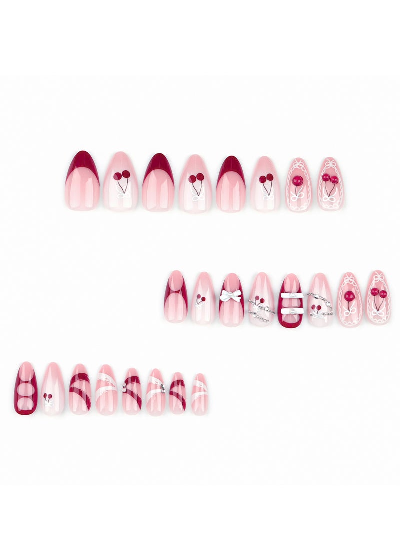 JOSQUEWNN Press on nails,24PCS, Elegance and Charm Unveiled: Diamond-Studded Pearl Bow Ribbon Wearable Nail Art, Cherry French Red Almond-Shaped Finished Product,Fake Acrylic Nails With Glue Kit. - Image 5