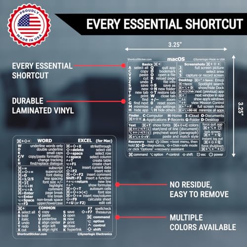 Synerlogic (1 Set) Mac OS + Word/Excel (for Mac) Shortcuts, Laminated Vinyl Stickers - for MacBook Air/Pro/iMac/Mac/mini (Clear/White) - Image 3