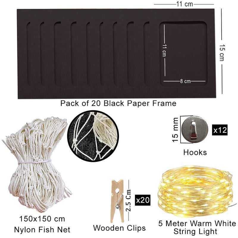 INFIPRISES Photo Hanging Display Fishing Net Picture Frame with 50 Led Fairy String Light, 20 Black Hanging Display Paper Photo Frame and 20 Wooden Clothespins, Wall Decoration Collage Photo Picture Frame (Net Size: 150x150cm, Light Size: 5 Mtr) - Image 3