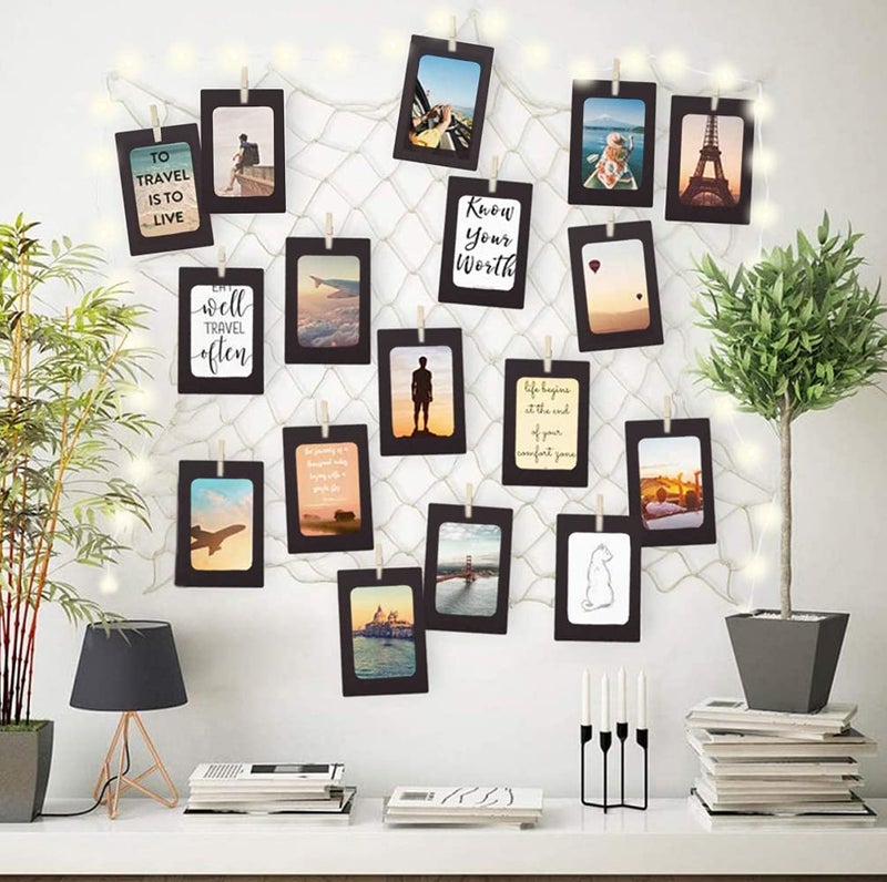 INFIPRISES Photo Hanging Display Fishing Net Picture Frame with 50 Led Fairy String Light, 20 Black Hanging Display Paper Photo Frame and 20 Wooden Clothespins, Wall Decoration Collage Photo Picture Frame (Net Size: 150x150cm, Light Size: 5 Mtr) - Image 1