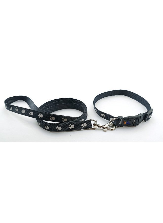 Nylon Collar And Leash Paw Printed, Adjustable Nylon Colour-Full Collar Leash Set Ideal For Puppies, Dogs And Cats (15 Mm, Black Colour)