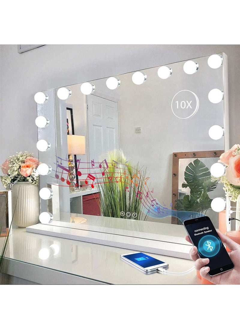 DANIM - Vanity Mirror With 18 LED Lights Bluetooth Music USB & Type C Ports Hollywood Makeup Mirror Lighted Dimmable 10X Magnification 3 Colors Mode Touch Control - Image 1