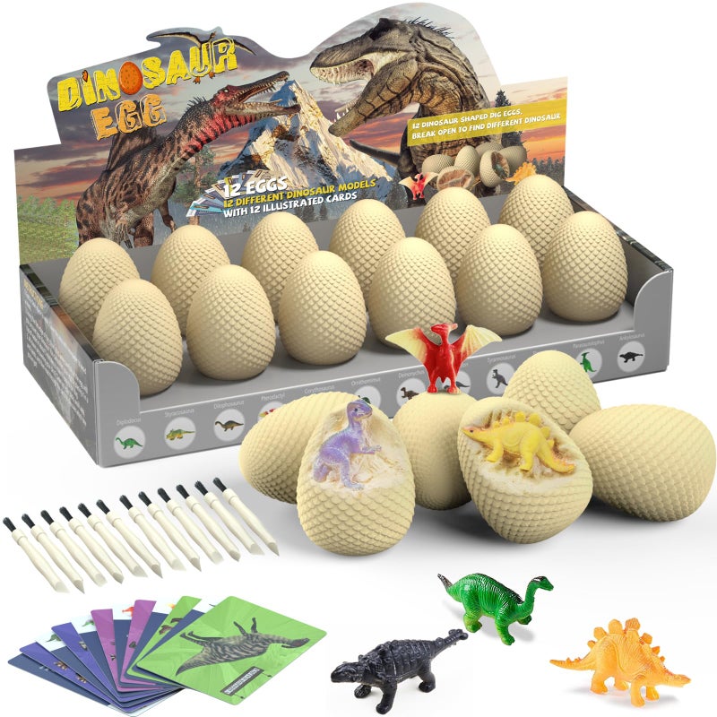 EARTH'SCODE Dinosaur Eggs Excavation Dig Kit, 12 Dino Egg with 12 Cute Unique Dinosaurs Inside Toys for Best Holiday & Birthday Archaeology Science STEM Crafts Gifts for Kids 3-12 Years Old - Image 1