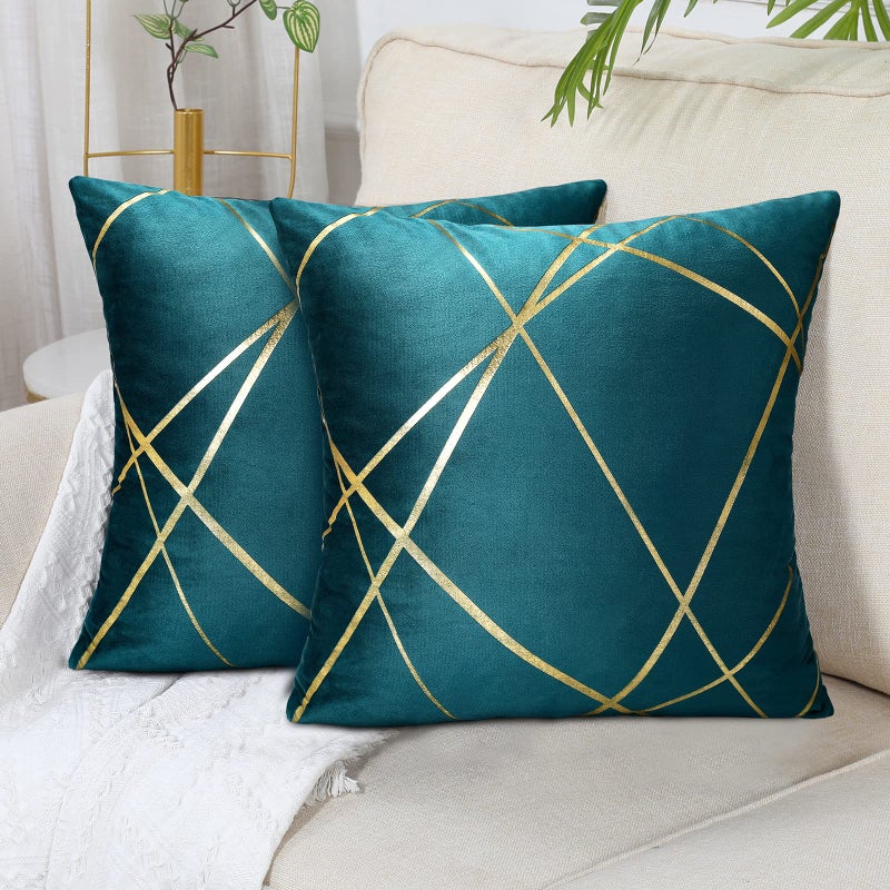 DecorMommt Velvet Cushion Cover Teal Decorative Throw Pillow Covers Gold Lines Square Geometry Cushion Case Soft Home for Living Room Bedroom Pack of 2 18 x 18 Inch 45 x 45 cm