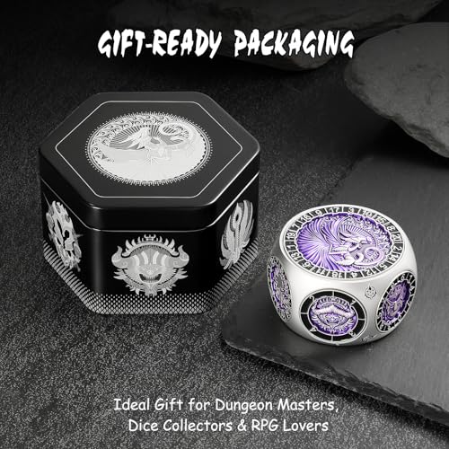 DNDND Unique Spinner DND Dice 8in1 Hexagonal Metal DND Dice with Dual D20 Monster Themed Dice Set for DND Dungeons and Dragons Dungeon Masters with Collectible Gift Tin Silver with Purple - Image 5