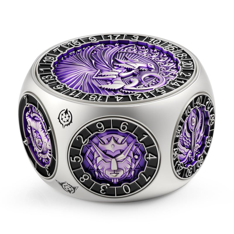 DNDND Unique Spinner DND Dice 8in1 Hexagonal Metal DND Dice with Dual D20 Monster Themed Dice Set for DND Dungeons and Dragons Dungeon Masters with Collectible Gift Tin Silver with Purple - Image 3