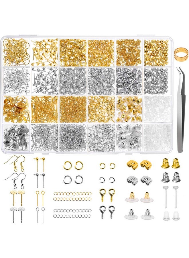 Caffox Earring Making Supplies Kit Caffox 2900Pcs Earring Hardware Pieces Repair Parts With Earring Hooks Posts Backs And Jump Rings For Making Earrings Studs And Jewelry Making (Silver & Gold) - Image 1