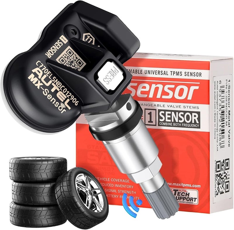 أوتل مستشعر Autel TPMS MX-Sensor، بترددين 315MHz و433MHz، مخصص لاستبدال مستشعرات ضغط الإطارات في جميع أنواع السيارات، مطابق تمامًا للمستشعر الأصلي، قابل للتقليد بنسبة 100%، يحتوي على صمام معدني ويتم تركيبه بالضغط، عدد القطعة واحدة. - Image 1