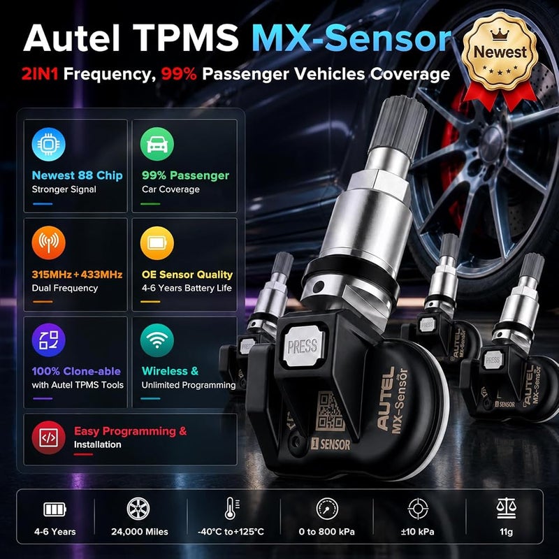 أوتل مستشعر Autel TPMS MX-Sensor، بترددين 315MHz و433MHz، مخصص لاستبدال مستشعرات ضغط الإطارات في جميع أنواع السيارات، مطابق تمامًا للمستشعر الأصلي، قابل للتقليد بنسبة 100%، يحتوي على صمام معدني ويتم تركيبه بالضغط، عدد القطعة واحدة. - Image 2