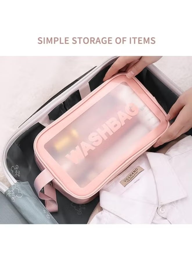 شي إن حقيبة مستحضرات تجميل شفافة حقيبة غسيل بولي كلوريد الفينيل بولي كلوريد الفينيل ثلاث مجموعات من حقيبة تخزين حمام شبه شفافة من البولي يوريثان المتجمد شبه الشفافة حقيبة تخزين السباحة سعة كبيرةحقيبة أدوات الزينة الشفافة للنساء والرجال، حقيبة مكياج شفافة للسفر مقاومة للماء مع مقبض، حقيبة مستحضرات تجميل كبيرة السعة ومقاومة للتسرب للسفر، 3 عبوات - Image 2