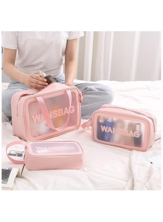 شي إن حقيبة مستحضرات تجميل شفافة حقيبة غسيل بولي كلوريد الفينيل بولي كلوريد الفينيل ثلاث مجموعات من حقيبة تخزين حمام شبه شفافة من البولي يوريثان المتجمد شبه الشفافة حقيبة تخزين السباحة سعة كبيرةحقيبة أدوات الزينة الشفافة للنساء والرجال، حقيبة مكياج شفافة للسفر مقاومة للماء مع مقبض، حقيبة مستحضرات تجميل كبيرة السعة ومقاومة للتسرب للسفر، 3 عبوات - Image 3