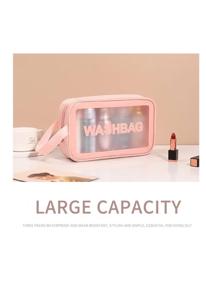 شي إن حقيبة مستحضرات تجميل شفافة حقيبة غسيل بولي كلوريد الفينيل بولي كلوريد الفينيل ثلاث مجموعات من حقيبة تخزين حمام شبه شفافة من البولي يوريثان المتجمد شبه الشفافة حقيبة تخزين السباحة سعة كبيرةحقيبة أدوات الزينة الشفافة للنساء والرجال، حقيبة مكياج شفافة للسفر مقاومة للماء مع مقبض، حقيبة مستحضرات تجميل كبيرة السعة ومقاومة للتسرب للسفر، 3 عبوات - Image 4