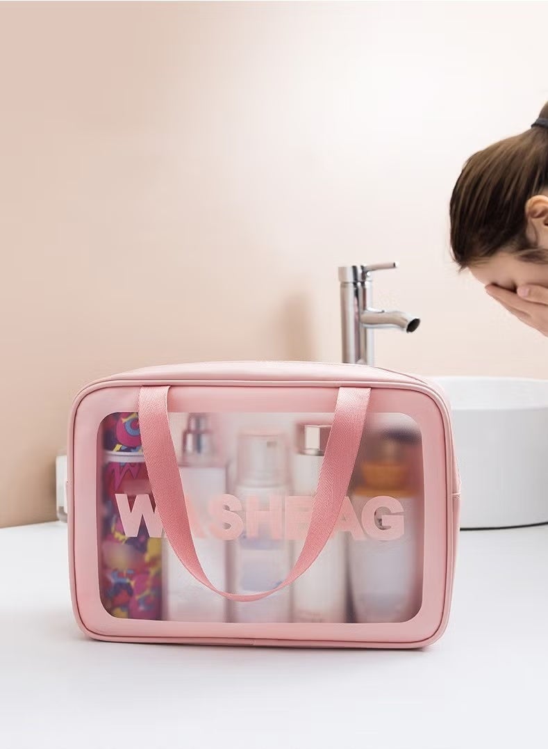 شي إن حقيبة مستحضرات تجميل شفافة حقيبة غسيل بولي كلوريد الفينيل بولي كلوريد الفينيل ثلاث مجموعات من حقيبة تخزين حمام شبه شفافة من البولي يوريثان المتجمد شبه الشفافة حقيبة تخزين السباحة سعة كبيرةحقيبة أدوات الزينة الشفافة للنساء والرجال، حقيبة مكياج شفافة للسفر مقاومة للماء مع مقبض، حقيبة مستحضرات تجميل كبيرة السعة ومقاومة للتسرب للسفر، 3 عبوات - Image 5