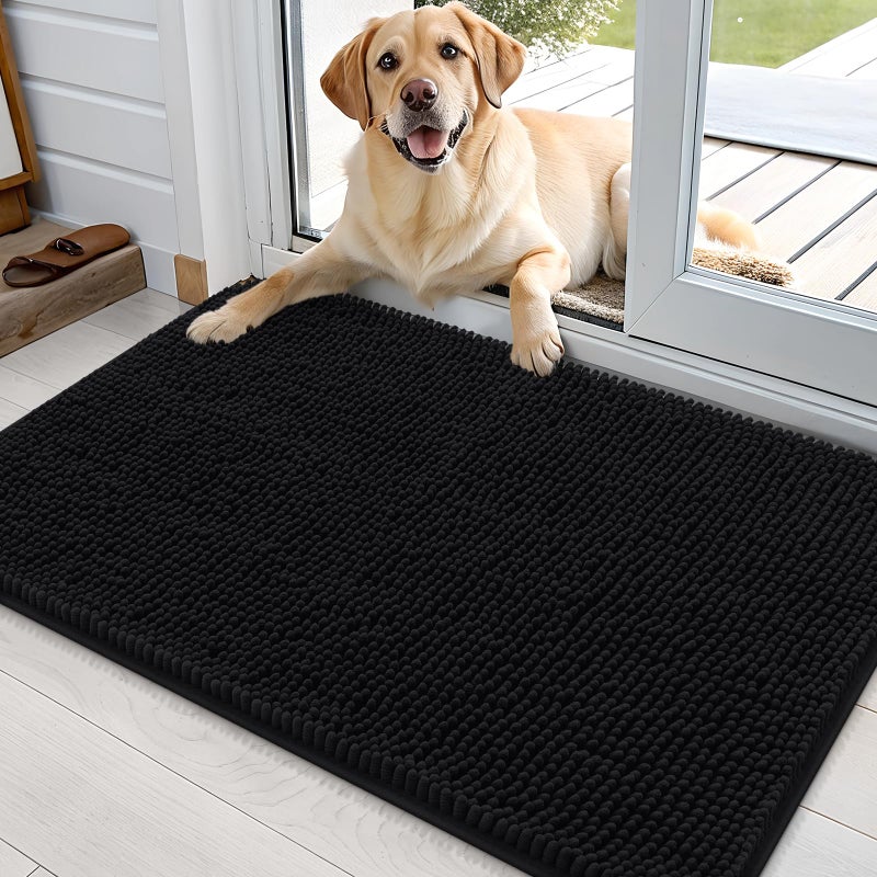 OLANLY Dog Door Mat for Muddy Paws 36x24 Absorbs Moisture and Dirt Absorbent NonSlip Washable Doormat Quick Dry Chenille Mud Mat for Dogs Entry Indoor Entryway Carpet for Inside Floor Black
