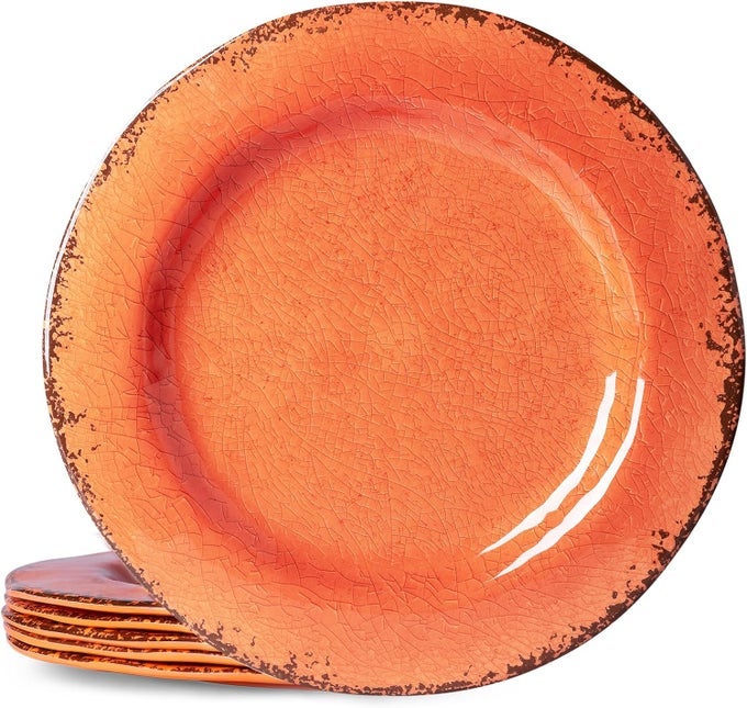RUSTIC FARMHOUSE MELAMINE DINNER PLATES SET OF 6 11 INCH LIGHTWEIGHT CAMPER RV DISHES INDOOR AND OUTDOOR USE REUSABLE STURDY AND DISHWASHER SAFE ORANGE