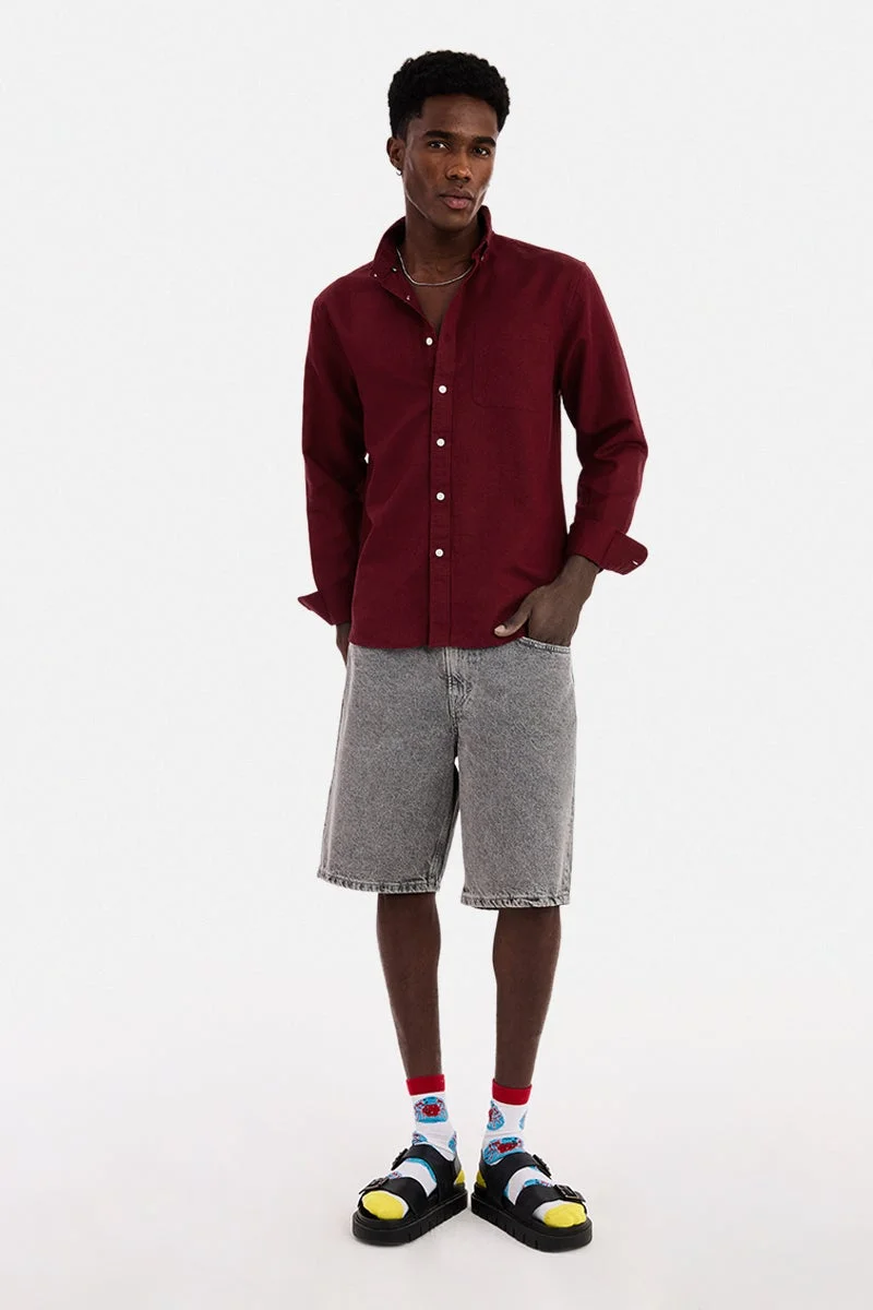 SNITCH Burgundy Solid Long Sleeve Regular Fit Casual Shirt