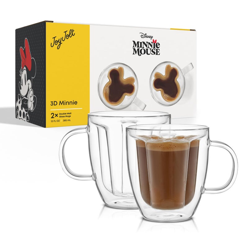 JoyJolt Disney Minnie Mouse 3D Double Wall Glass Mugs with Handles, 13oz Glass Coffee Cups Set of 2, Insulated Clear Glasses for Tea or Latte, Disney Glasses - Image 1