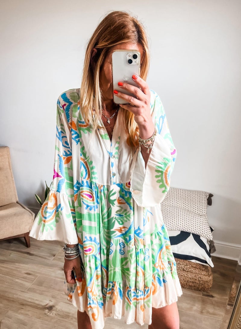 miduo Womens 2026 Spring Casual Dress V Neck 3/4 Sleeve Tribal Printed Pleated Babydoll Beach Party Dresses Light GreenXL - Image 3
