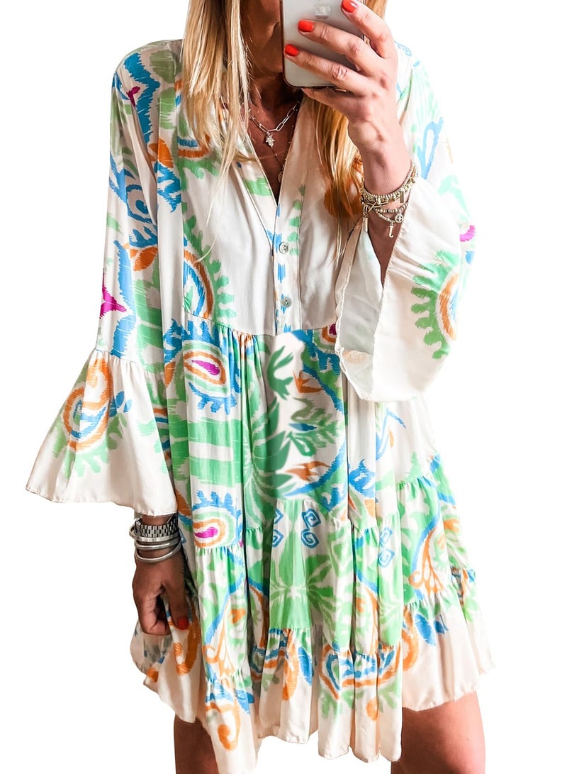 miduo Womens 2026 Spring Casual Dress V Neck 3/4 Sleeve Tribal Printed Pleated Babydoll Beach Party Dresses Light GreenXL - Image 1