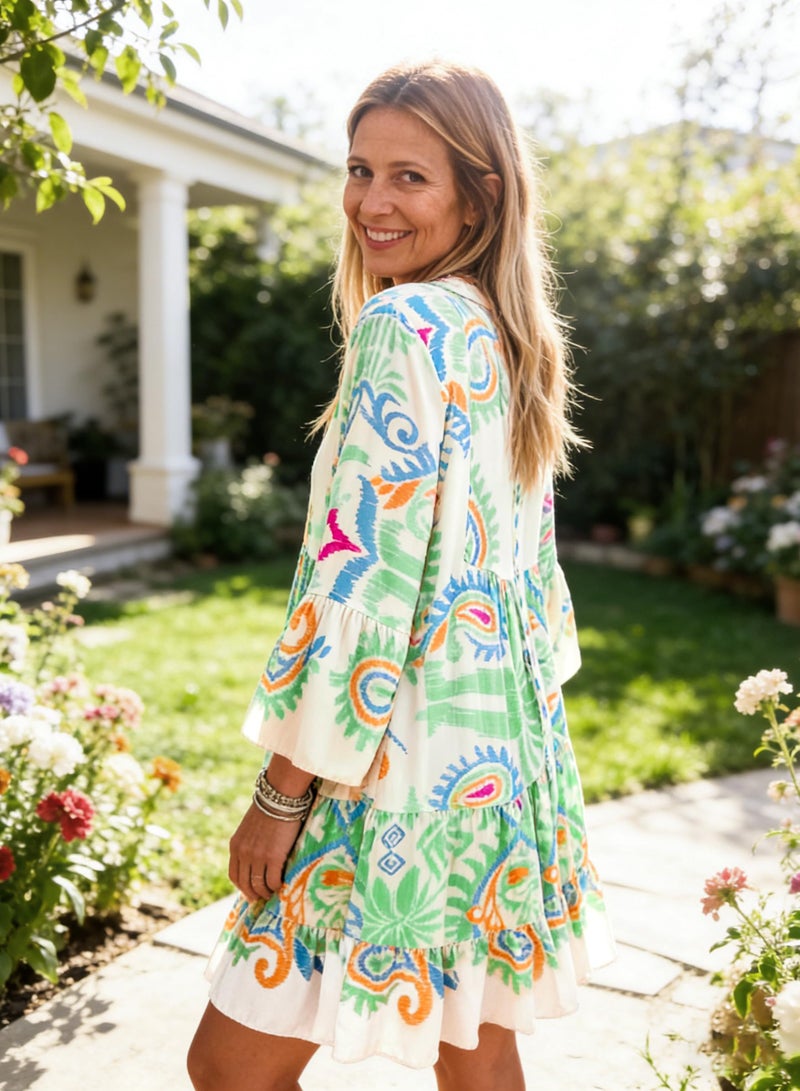 miduo Womens 2026 Spring Casual Dress V Neck 3/4 Sleeve Tribal Printed Pleated Babydoll Beach Party Dresses Light GreenXL - Image 4